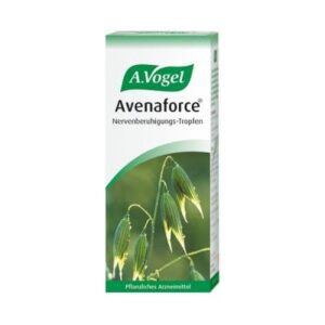 Κουτί με σταγόνες ανακούφισης νεύρων A. Vogel Avenforce 100 ml με εικόνα πράσινων φυτών βρώμης στη συσκευασία.