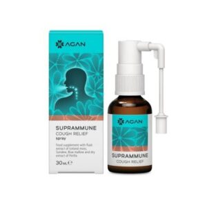 Ένα μπουκάλι 30 ml σπρέι Agan Suprammune Cough Relief με τη συσκευασία του, με κομψή σιλουέτα και βοτανικό σχέδιο.