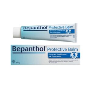 Σωλήνας και κουτί Bepanthol Balm 100 g, με ελληνικό κείμενο που περιγράφει λεπτομερώς τις ενυδατικές και προστατευτικές του ιδιότητες.