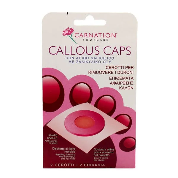Ροζ συσκευασία Carnation Callous Caps Επιθέματα Αφαίρεσης Κάλων 2 τμχ με σαλικυλικό οξύ για την αφαίρεση κάλων, που δείχνει δύο καπάκια.