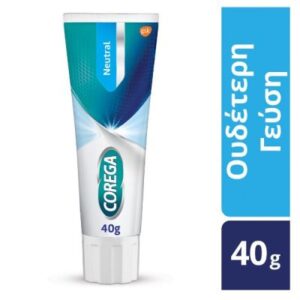 Σωληνάριο Corega Neutral Cream 40 g, με ελληνικό κείμενο που δηλώνει "Ουδέτερη γεύση".