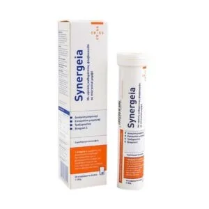 Ένα κουτί και ένα σωληνάριο Cross Pharmaceuticals Synergeia 20 αναβράζοντα δισκία, με κείμενο στα ελληνικά στη συσκευασία.