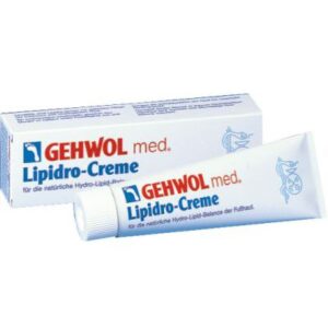 Σωληνάριο και κουτί Gehwol med Lipidro-Cream 125 ml, μια κρέμα ποδιών σχεδιασμένη για υδρολιπιδική ισορροπία, που εμφανίζεται σε λευκό φόντο.