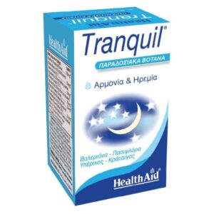 Box of Health Aid Tranquil 30 καπάκια, με μισοφέγγαρο και αστέρια, με κείμενο στα αγγλικά και στα ελληνικά.