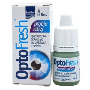 Intermed Optofresh Probio Relief Eye Drops (8 ml) συσκευασμένες σε κουτί με ελληνικό και αγγλικό κείμενο που εξηγεί τη χρήση του προϊόντος.