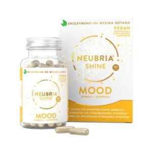 Μπουκάλι Neubria Shine Mood 60 veg. καπάκια δίπλα στη συσκευασία του, που τονίζει τα οφέλη που βελτιώνουν τη διάθεση και τη φόρμουλα που είναι φιλική προς τους vegan.