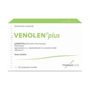 Ένα κουτί Pharmaline Venolen Plus 20 tabs, ένα συμπλήρωμα διατροφής χωρίς γλουτένη που περιέχει 20 επικαλυμμένα δισκία της PharmaLine.