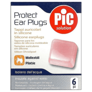 Ένα κουτί με ωτοασπίδες Pic Solution Protect Silicone, 6 τεμαχίων, κατασκευασμένο από εύκαμπτη σιλικόνη για βέλτιστη μόνωση νερού. Ιδανικό για κολύμπι ή ντους.