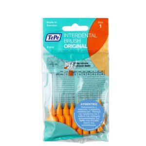 Ένα πακέτο Tepe Interdental Brush Original, Μέγεθος 1 (0,45 mm), που περιέχει 8 βούρτσες με πορτοκαλί χερούλια, σε διαφανή πλαστική συσκευασία.