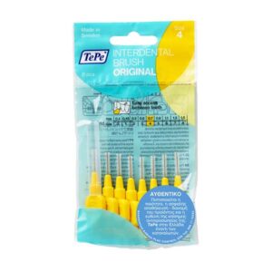 Η συσκευασία Tepe Interdental Brush Original Size 4 περιλαμβάνει 8 βούρτσες με κίτρινες λαβές, όλα σε κομψή μπλε και διάφανη συσκευασία.