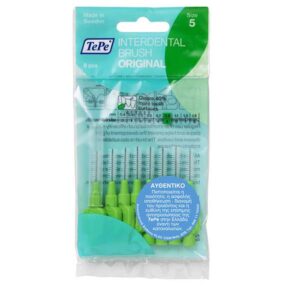 Μια συσκευασία Tepe Interdental Brush Original, μεγέθους 5 (0,8 mm), που περιέχει 8 τεμάχια, διατίθεται σε πράσινη και λευκή συσκευασία.