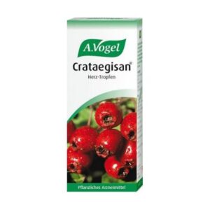 Ένα κουτί 50 ml A. Vogel Crataegisan Hawthorn, ένα φαρμακευτικό προϊόν φυτικής προέλευσης, με ζωηρά κόκκινα μούρα στο μπροστινό μέρος.