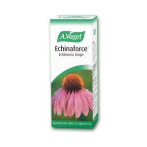 Η συσκευασία του A. Vogel Echinaforce 50 ml παρουσιάζει ένα ζωντανό ροζ λουλούδι εχινάκειας σε ένα καταπράσινο φόντο.