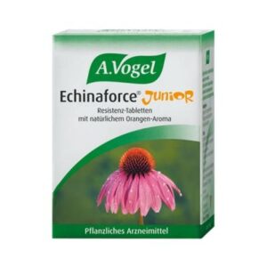 Κουτί A. Vogel Echinaforce Junior 120 μασώμενες καρτέλες με εικόνα ροζ λουλουδιού, πράσινο και λευκό σχέδιο και γερμανικό κείμενο.