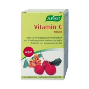 Ένα κουτί συμπλήρωμα A. Vogel Vitamin C 40 tabs, με μούρα Hawthorn και την ετικέτα "vegan" σε περίοπτη θέση.