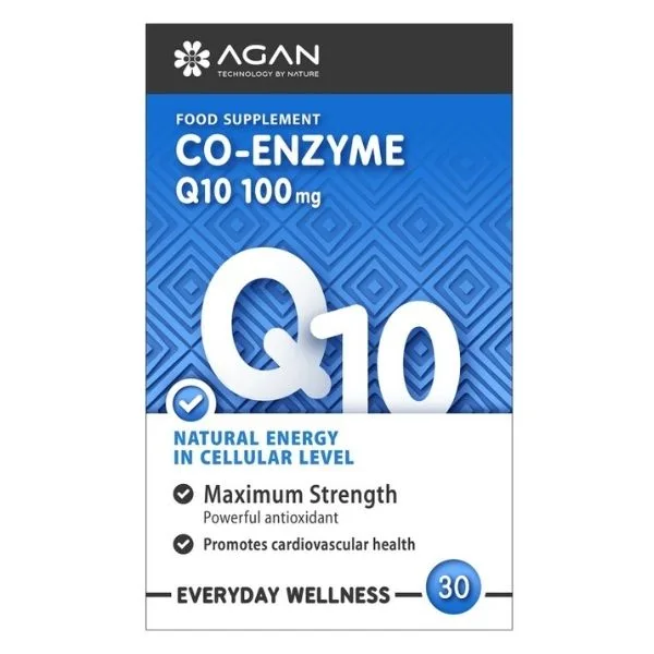 Μπλε κουτί συμπληρώματος Agan Co-enzyme Q10 100 mg, προάγει την καρδιαγγειακή υγεία και περιέχει 30 κάψουλες.