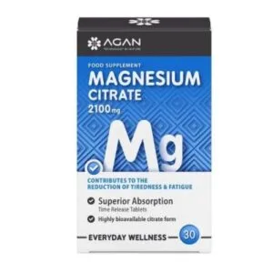 Κουτί Agan Magnesium Citrate 2100 mg (Κιτρικό Μαγνήσιο), συμπλήρωμα διατροφής για μείωση της κούρασης και της κόπωσης, 30 ταμπλέτες, ανώτερη απορρόφηση.