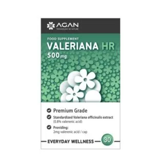 Ένα κουτί συμπλήρωμα διατροφής Agan Valeriana 500 mg 30 κάψουλες, διακοσμημένο με πράσινο λουλουδάτο σχέδιο και λεπτομερείς πληροφορίες ευεξίας.