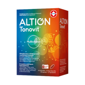 Κουτί με μαλακά καπάκια Altion Tonovit Multivitamin 40 με πολύχρωμο ντεγκραντέ σχέδιο, με ετικέτα για διάφορα θρεπτικά συστατικά.