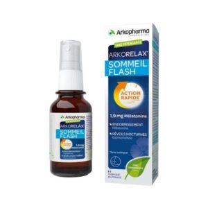 Μπουκάλι ψεκασμού Arkopharma Arkorelax Sleep Flash 20 ml δίπλα στο κουτί του, με μελατονίνη ταχείας δράσης (1,9 mg) για ενίσχυση του ύπνου.