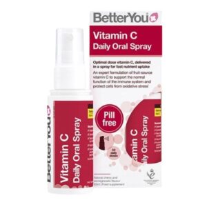 Το BetterYou Vitamin C Daily Oral Spray 50 ml, γνωστό για την κομψή λευκή και κόκκινη συσκευασία του, ισχυρίζεται ότι προσφέρει γρήγορη πρόσληψη θρεπτικών συστατικών με 32 ημερήσιες δόσεις.