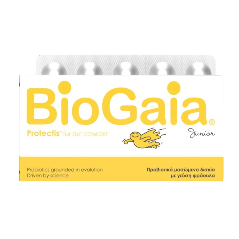 Συσκευασία για μασώμενες ταμπλέτες Biogaia Protectis Junior 30 στα ελληνικά και στα αγγλικά, δίνοντας έμφαση στα οφέλη για την άνεση του εντέρου για τα παιδιά.