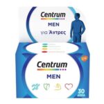 Το πλαίσιο των καρτελών Centrum Men 30 παρουσιάζει ελληνικό κείμενο, μια σιλουέτα ενός άνδρα και εικονίδια που αντιπροσωπεύουν την ενέργεια, την υποστήριξη του ανοσοποιητικού και την υγεία της καρδιάς.
