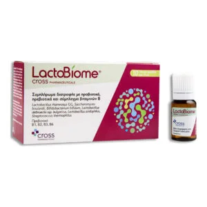 Κουτί και φιάλη Cross Pharmaceuticals Lactobiome 10 ml x 10 φιαλίδια προβιοτικά, με περιγραφή προϊόντος κυρίως στα ελληνικά.