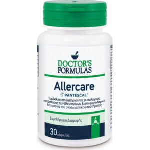 Ένα μπουκάλι συμπλήρωμα διατροφής Doctor's Formulas Allercare 30 caps, με κομψό λευκό σχέδιο που τονίζεται από πράσινο καπάκι και ετικέτα.