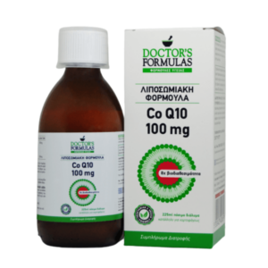 Μια φιάλη 225 ml και κουτί Doctor's Formulas CoQ10 100 mg συμπλήρωμα διατροφής, με το κείμενο του κουτιού στα ελληνικά.