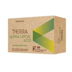 Ένα κουτί συμπληρωμάτων Genecom Terra Alpha Lipoic Acid 30 tabs με ζωηρά πράσινα και κίτρινα γραφικά.