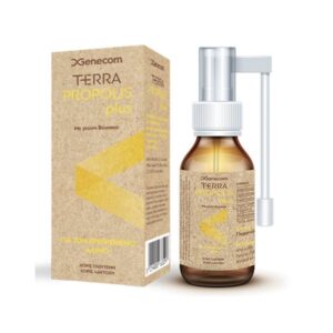 Ένα μπουκάλι ψεκασμού 20 ml Genecom Terra Propolis Plus με λευκό καπάκι και απλικατέρ, που διαθέτει τη διάσημη φόρμουλα Terra Propolis Plus για ενισχυμένα οφέλη.