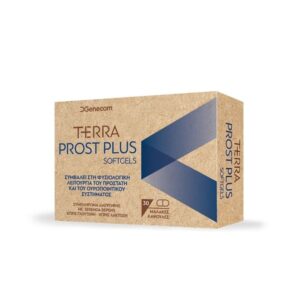 Ένα κουτί softgels Genecom Terra Prost Plus 30, με ελληνικό κείμενο και γραφικά που τονίζουν τη μοναδική του φόρμουλα.