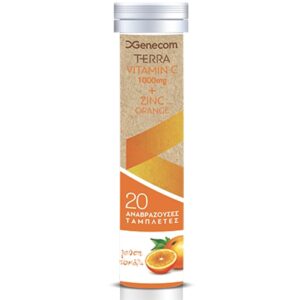 Tube of Genecom Terra Vitamin C 1000 mg & Zinc 10 mg 20 eff tabs, με μια εικόνα πορτοκαλιών στο κάτω μέρος.