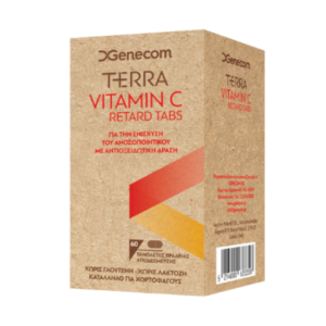 Ένα κουτί με καρτέλες Genecom Terra Vitamin C Retard 60, με κείμενο στα ελληνικά και γραμμωτό κώδικα.