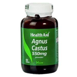 Ένα μπουκάλι Health Aid Agnus Castus 550 mg που περιέχει 60 vegan ταμπλέτες.