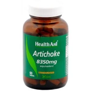 Ένα μπουκάλι συμπλήρωμα Health Aid Artichoke 8350 mg, vegan και τυποποιημένο, που περιέχει 60 ταμπλέτες.