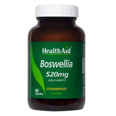 Ένα μπουκάλι Health Aid Boswellia 520 mg, που περιέχει 60 φυτικές κάψουλες, με ετικέτα για τυποποιημένη vegan χρήση.