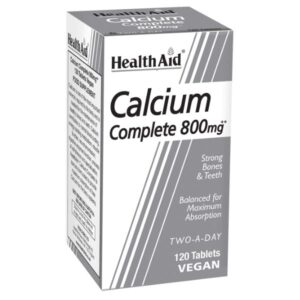 Το Health Aid Calcium Complete 800 mg 120 ταμπλέτες περιλαμβάνει vegan δισκία σχεδιασμένα να υποστηρίζουν γερά οστά και δόντια, με συνιστώμενη δόση δύο την ημέρα.