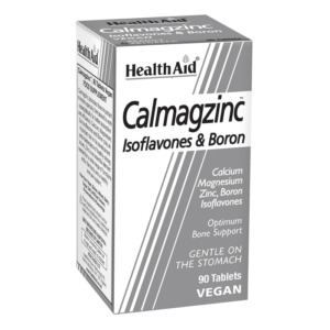 Box of Health Aid Calmagzinc Isoflavones & Boron 90 tabs, για υποστήριξη των οστών, που περιέχει 90 vegan ταμπλέτες που είναι απαλές για το στομάχι.