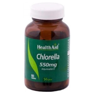 Ένα μπουκάλι Health Aid Chlorella 550 mg 60 ταμπλέτες, το οποίο περιλαμβάνει δισκία φιλικά προς τους vegan.