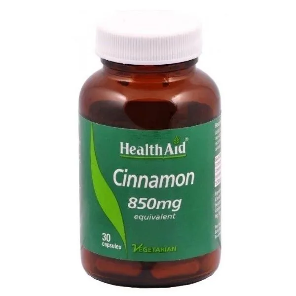 Ένα καφέ μπουκάλι με την ένδειξη "Health Aid Cinnamon 850 mg 30 caps, Vegetarian", με μια πράσινη και λευκή ετικέτα που δείχνει την επωνυμία Health Aid Cinnamon.