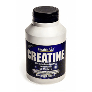 Ένα μπουκάλι Health Aid Creatine Monohydrate 1000 mg 60 tabs, σχεδιασμένο για μέγιστη ισχύ και βελτίωση της φυσικής απόδοσης.