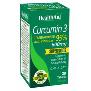 Τα δισκία Health Aid Curcumin 3, 600 mg, 30 vegan ταμπλέτες διατίθενται σε πράσινο πλαίσιο που επισημαίνει τις "Υπερτροφές" και τη "Βέλτιστη απορρόφηση". Αυτή η ισχυρή φόρμουλα με 95% πιπερίνη διασφαλίζει ότι λαμβάνετε το καλύτερο από το Health Aid Curcumin 3 για συνολική ευεξία.