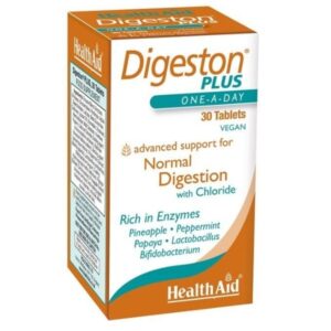 Box of Health Aid Digeston Plus 30 ταμπλέτες vegan για υποστήριξη της πέψης, που περιέχει ένζυμα όπως ανανά και μέντα.