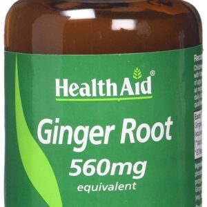 Ένα μπουκάλι Health Aid Ginger Root 560 mg 60 tabs, τυποποιημένο και vegan.