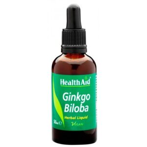 Ένα μπουκάλι 50 ml Health Aid Ginkgo Biloba Herbal Liquid, με ένα σταγονόμετρο και μια πράσινη ετικέτα που υποδεικνύει ότι είναι vegan.