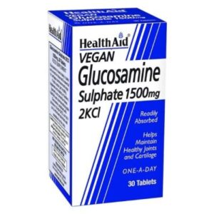 Ένα κουτί Health Aid Glucosamine Sulphate 2KCl 1500 mg vegan, που περιέχει 30 ταμπλέτες, σχεδιασμένο για την υγεία των αρθρώσεων και των χόνδρων.