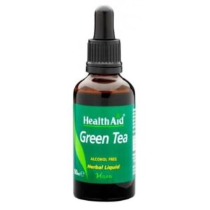 Ένα μπουκάλι Health Aid Green Tea Herbal Liquid των 50 ml, πλήρες με ένα βολικό σταγονόμετρο, με περήφανη ετικέτα ως χωρίς αλκοόλ και vegan.