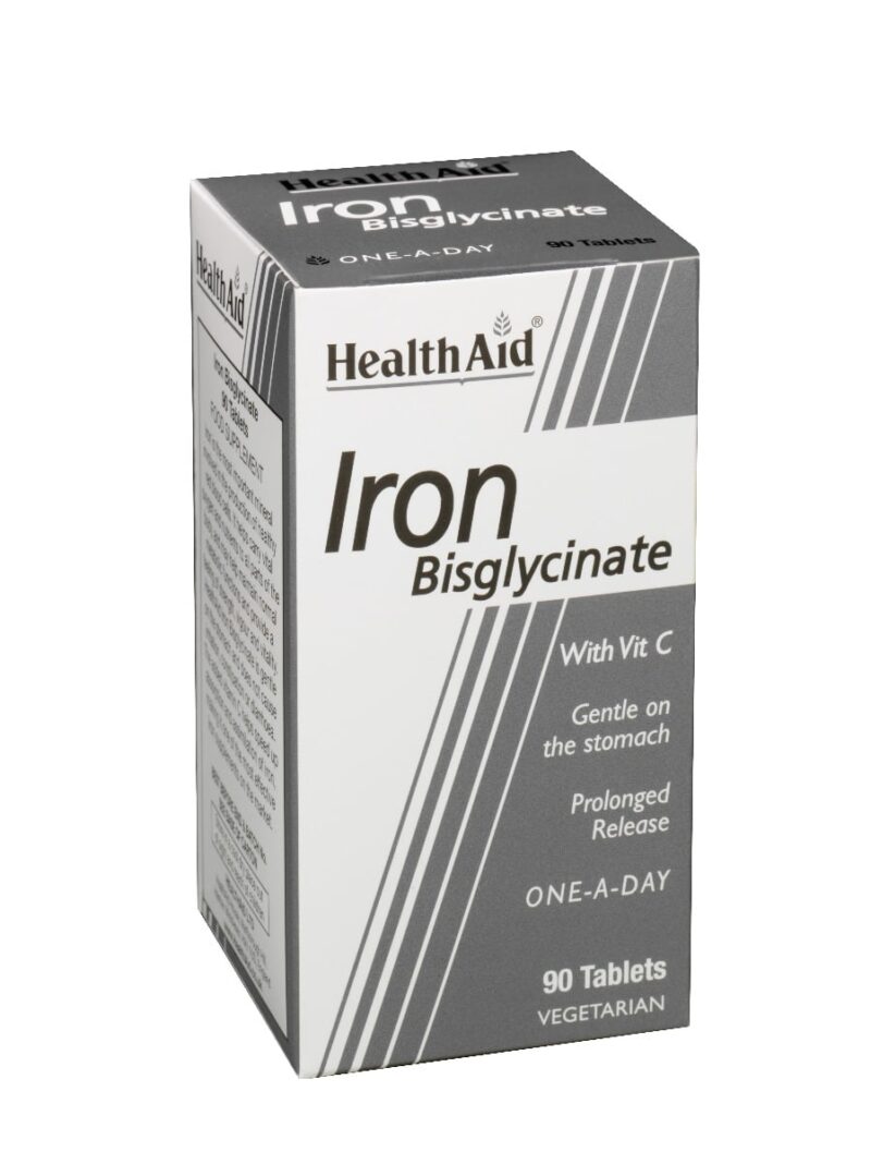 Box of Health Aid Iron Bisglycinate 90 ταμπλέτες, εμπλουτισμένο με Βιταμίνη C, γνωστό ως απαλό στο στομάχι και κατάλληλο για χορτοφάγους.